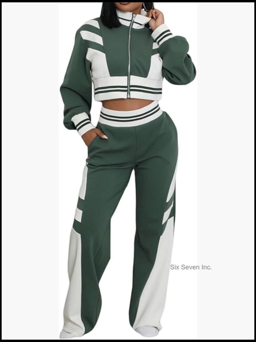 Color Block Zip Up Crop Jacket Wide Leg Sweatpants Track Suit Set